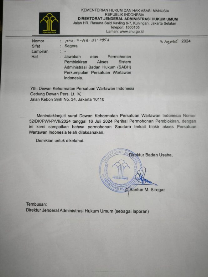 
 Surat AHU PWI Diblokir, Hendry Ch Bangun Tidak Punya Legal Standing